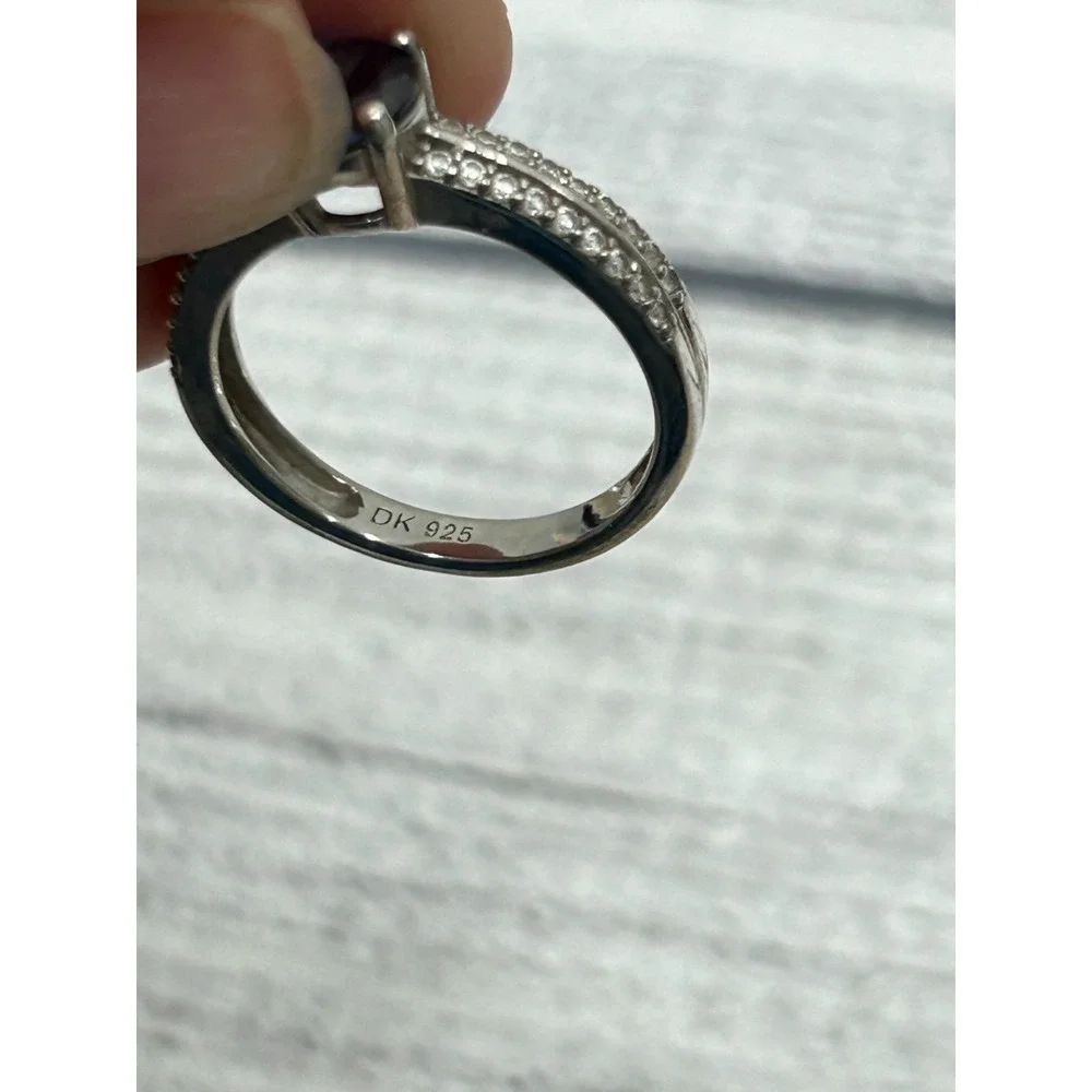 DK 925 Sterling Silver Engagement Blue Sapphire? CZ & Pave Accents Ring‎ Size 8